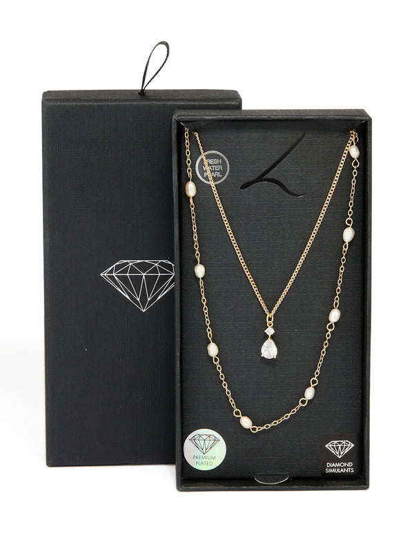 Gold Plated Freshwater Pearl & Diamante Layered Necklace