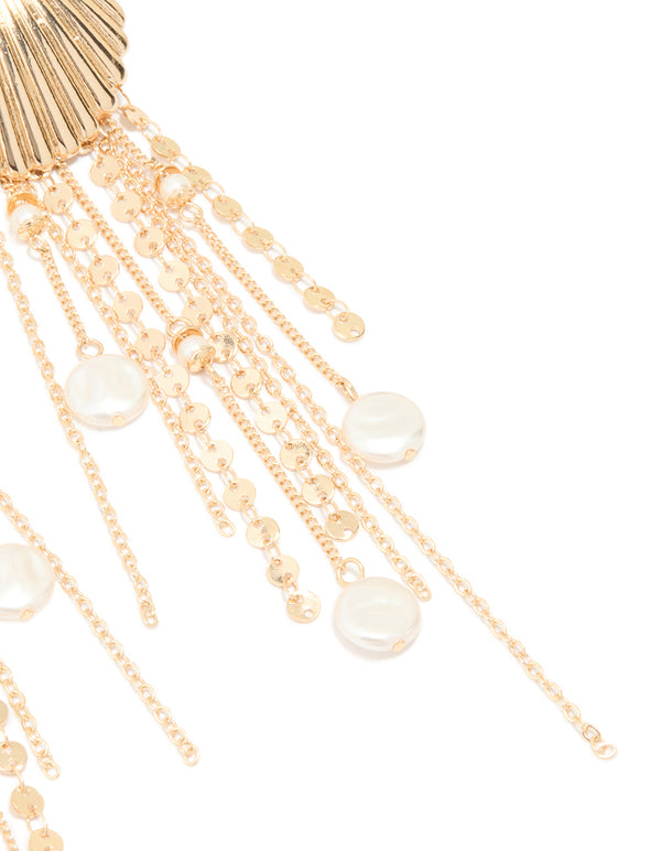 Gold Pearl Scallop Chain Earrings