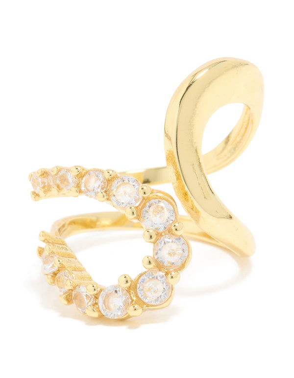 Waterproof Gold Plated Stainless Steel Opposite Cubic Zirconia Swirl Ring