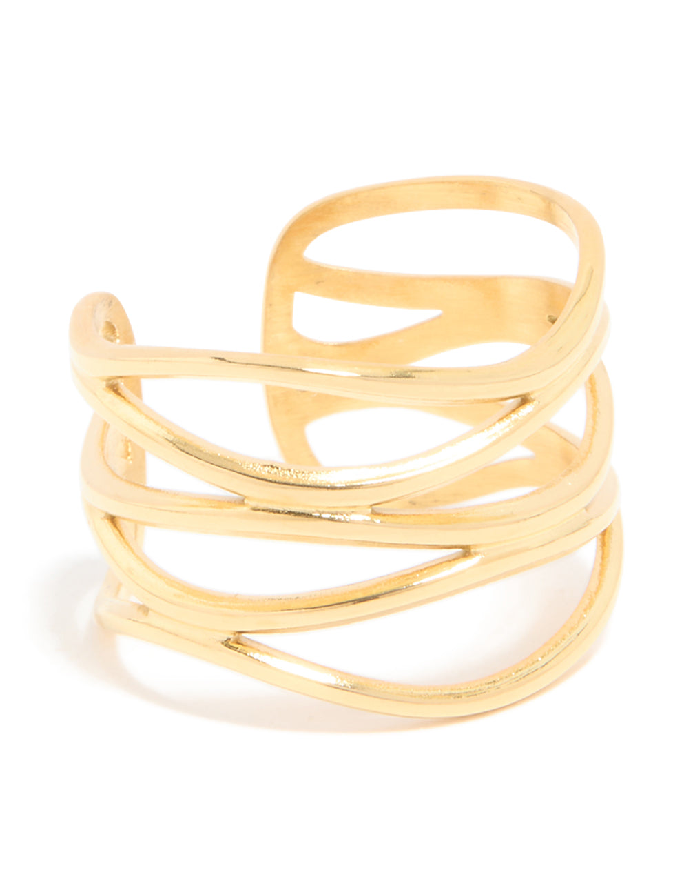 Statement waterproof gold plated stainless steel layered line ring front view
