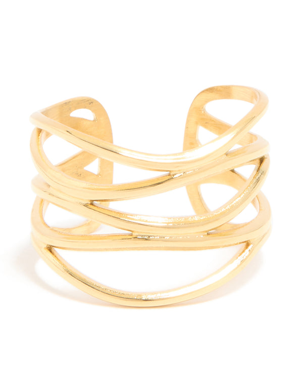 Crafted from waterproof gold plated stainless steel layered line ring featuring statement style close up view