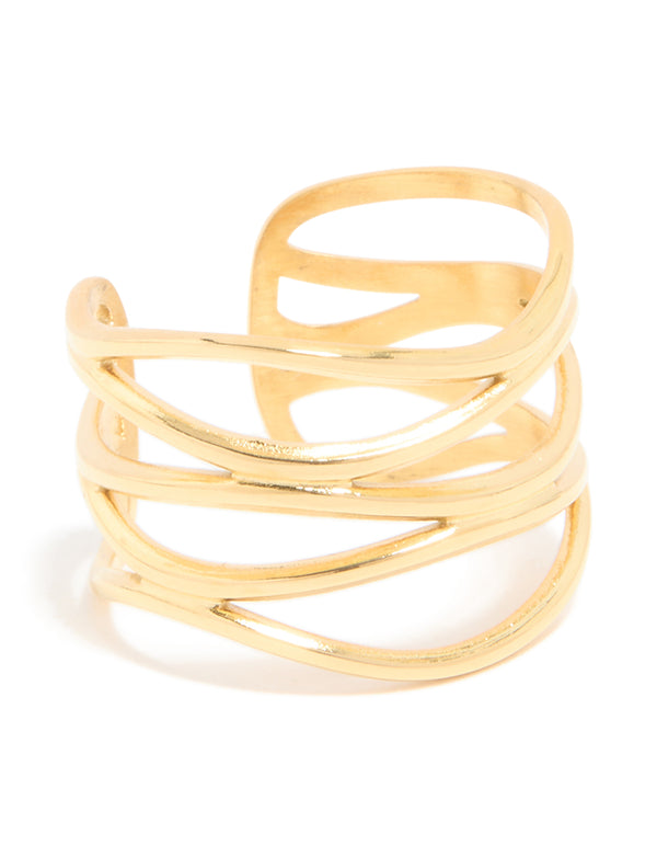 Statement waterproof gold plated stainless steel layered line ring front view