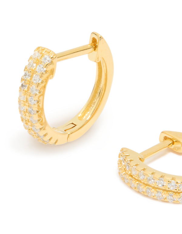 Gold Plated Sterling Silver Double Row Cubic Zirconia Huggie Earrings