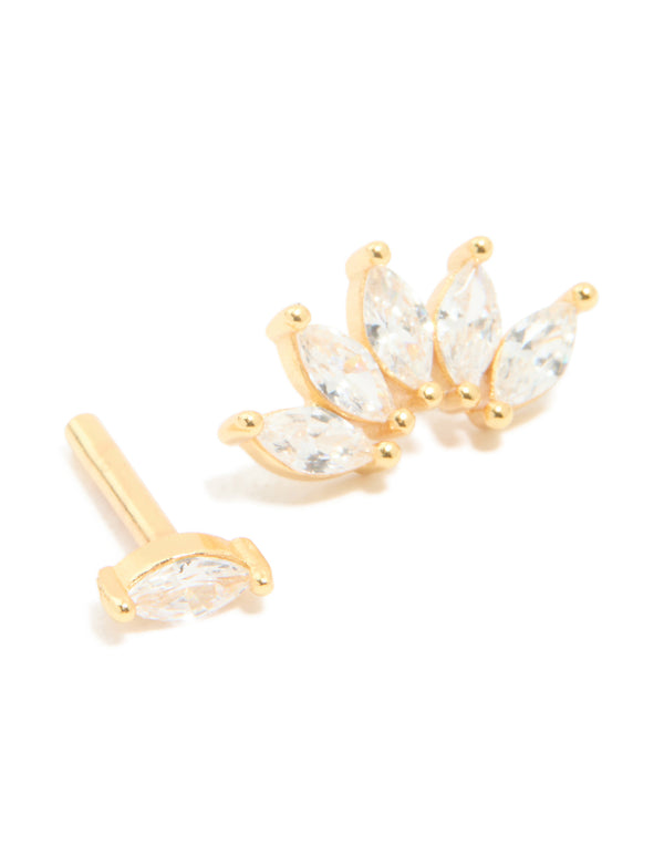 Showcasing gold plated sterling silver cubic zirconia marquise drop single flat back stud earrings close up view