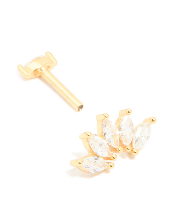 Explore this gold plated sterling silver cubic zirconia marquise drop single flat back stud with leaf details featuring in white post detail view