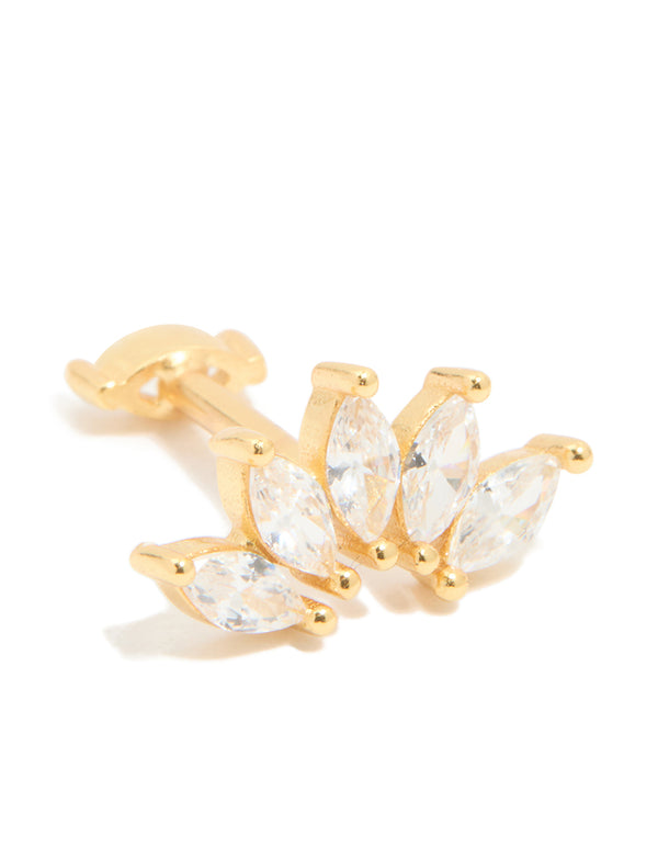 Discover this gold plated sterling silver cubic zirconia marquise drop single flat back stud featuring leaf details in white front view
