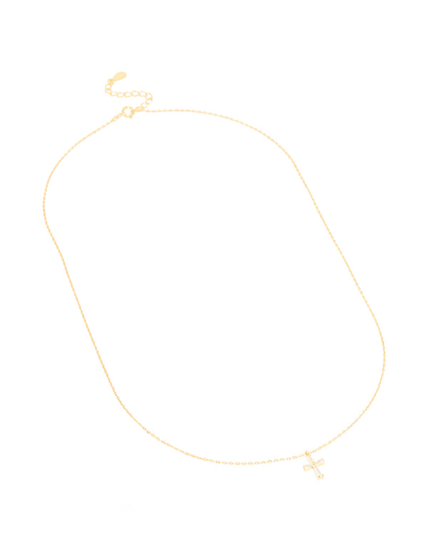 Gold Plated Sterling Silver Cubic Zirconia Cross Necklace