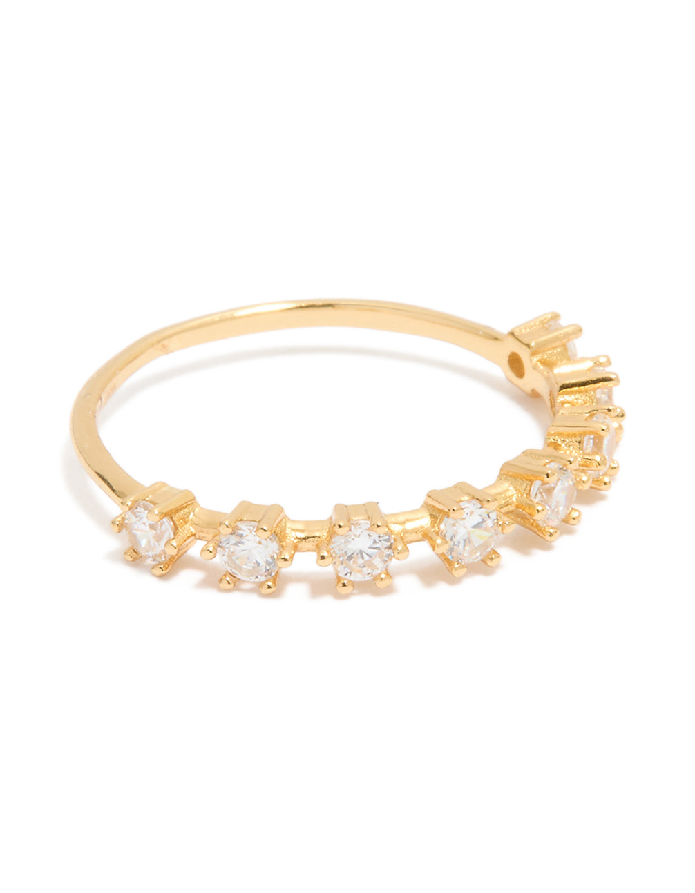 Showcasing a gold plated sterling silver cubic zirconia half eternity ring in clear stone front view