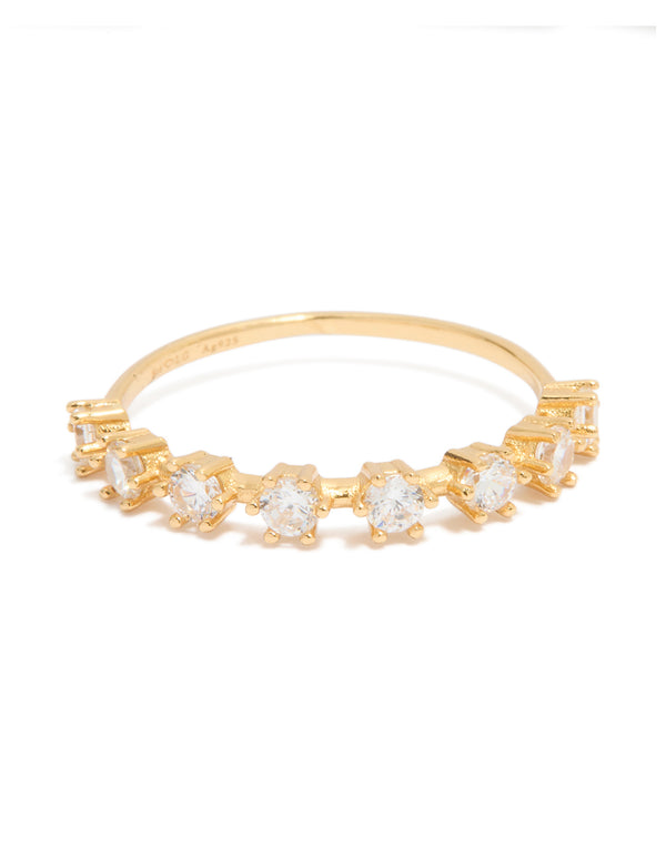 Presenting a gold plated sterling silver cubic zirconia half eternity ring in clear stone close up view