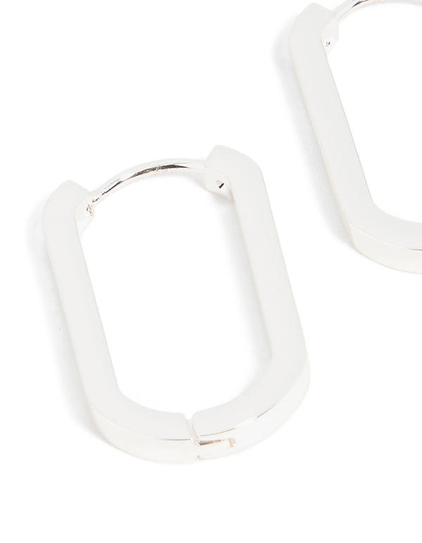 Crafted from waterproof stainless steel oblong hoop earrings in silver close up view