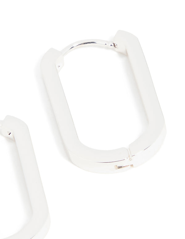 Waterproof stainless steel oblong hoop earrings in silver post detail view