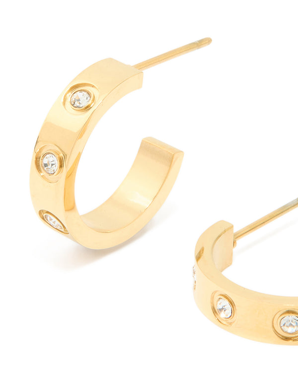 Waterproof Gold Plated Stainless Steel Cubic Zirconia Square Hoop Earrings