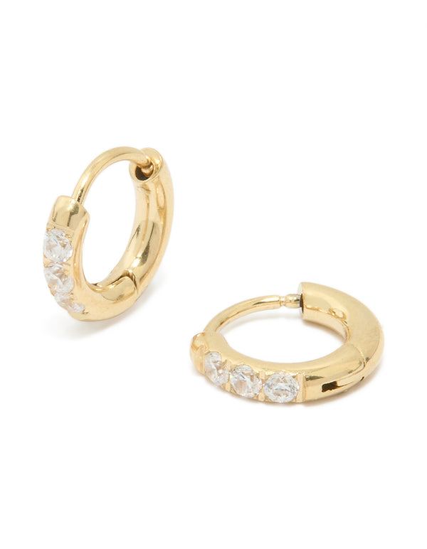 Waterproof Gold Plated Stainless Steel Cubic Zirconia Huggie Earrings 10 MM