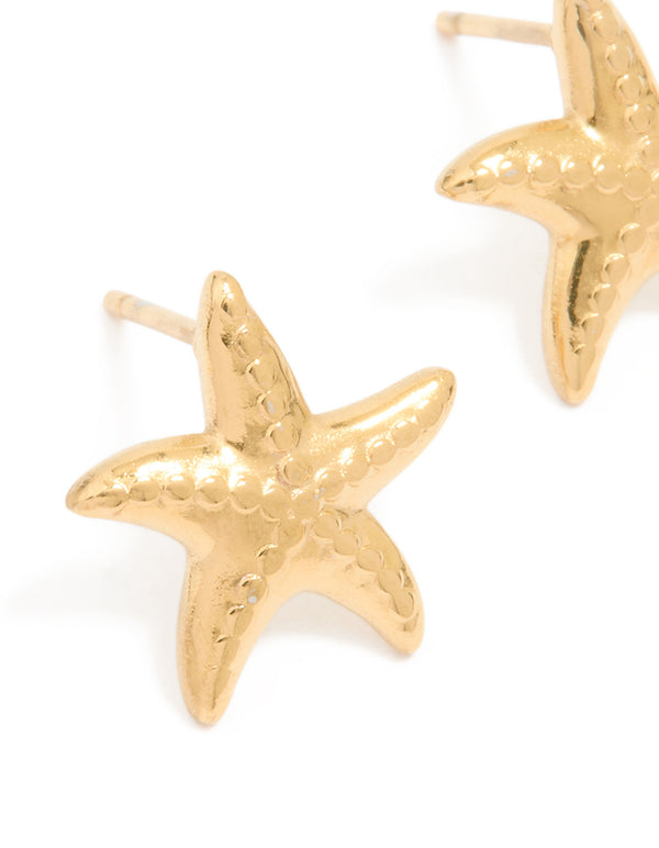Waterproof Gold Plated Stainless Steel Textured Starfish Stud Earrings
