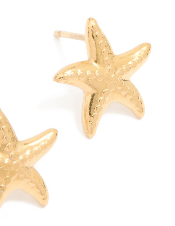 Waterproof Gold Plated Stainless Steel Textured Starfish Stud Earrings