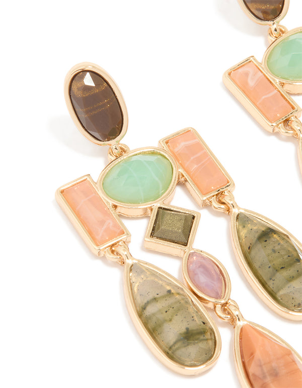Gold Multicoloured Marble Beaded Mobile Drop Earrings