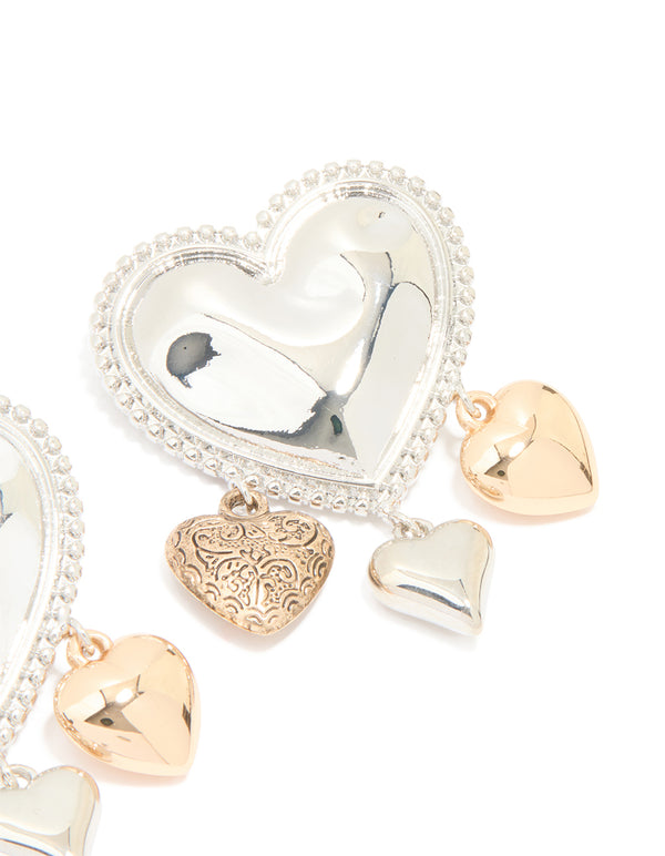 Mixed Metal Heart Charms Drop Earrings