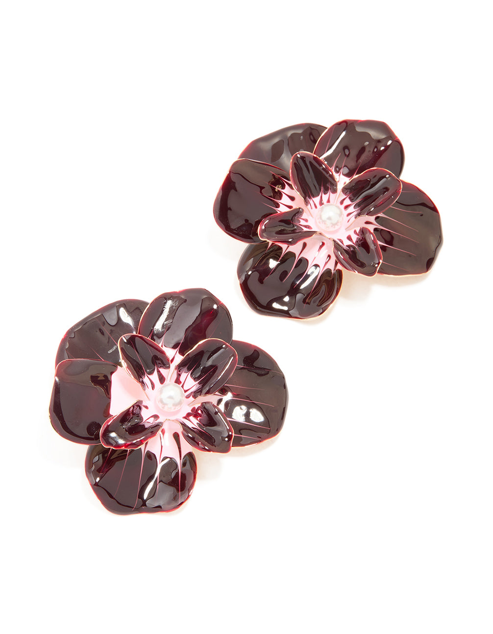 Gold Dark Red Enamel Pearl Flower Stud Earrings