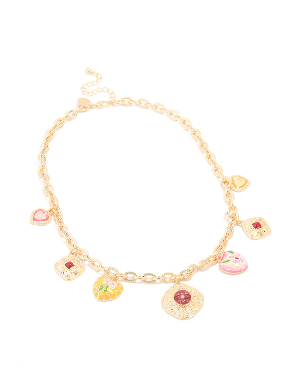 Gold Enamel Heart Charm Necklace