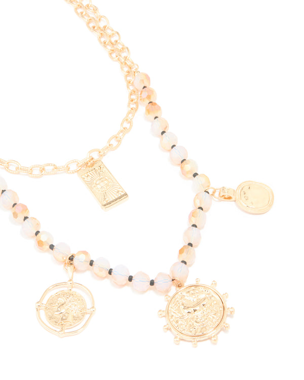 Gold Iridescent Beaded & Disc Charm Layered Necklace