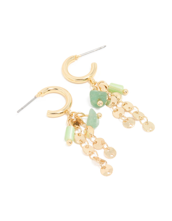 Gold Plated Green Semi Precious Stone Disc Drop Hoop Earrings