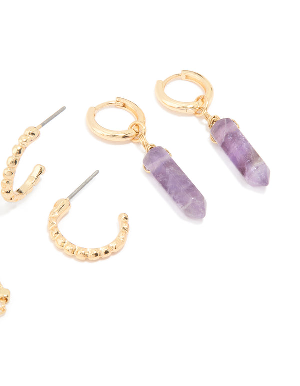 Gold Plated Amethyst Chain & Huggie Earrings 4-Pack