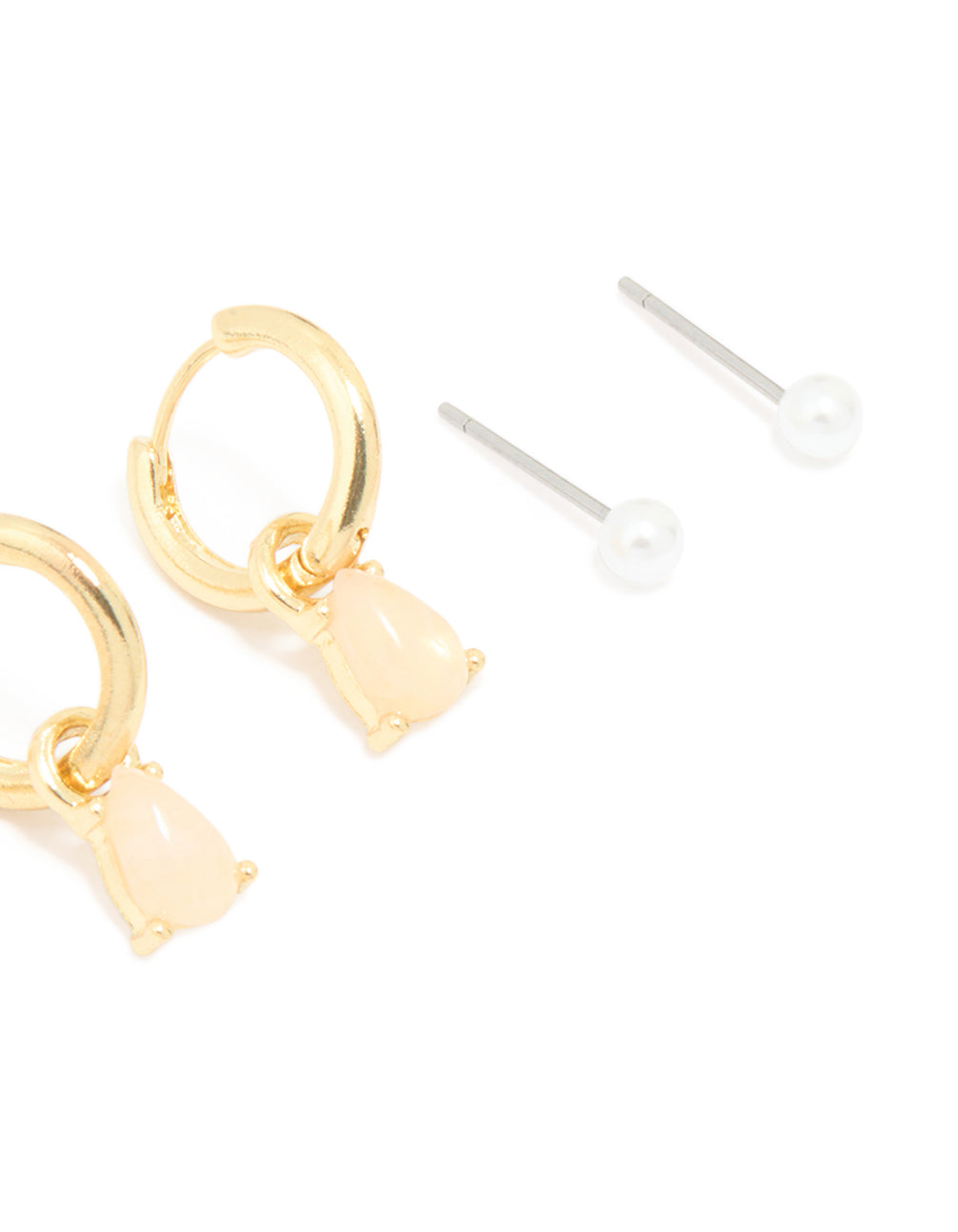 Gold Plated Pink Semi Precious Stone Pearl Stud & Chain Earrings 4-Pack