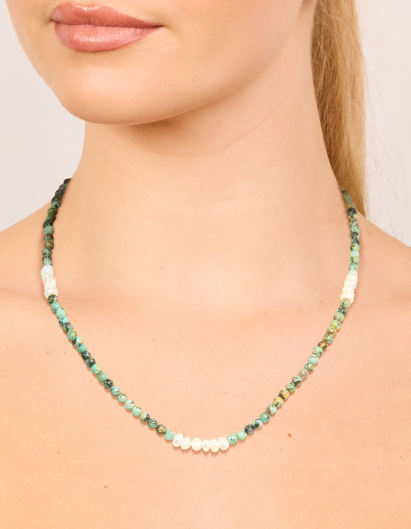 Gold Plated Freshwater Pearl & Aqua Semi Precious Stone Beaded Fine Necklace