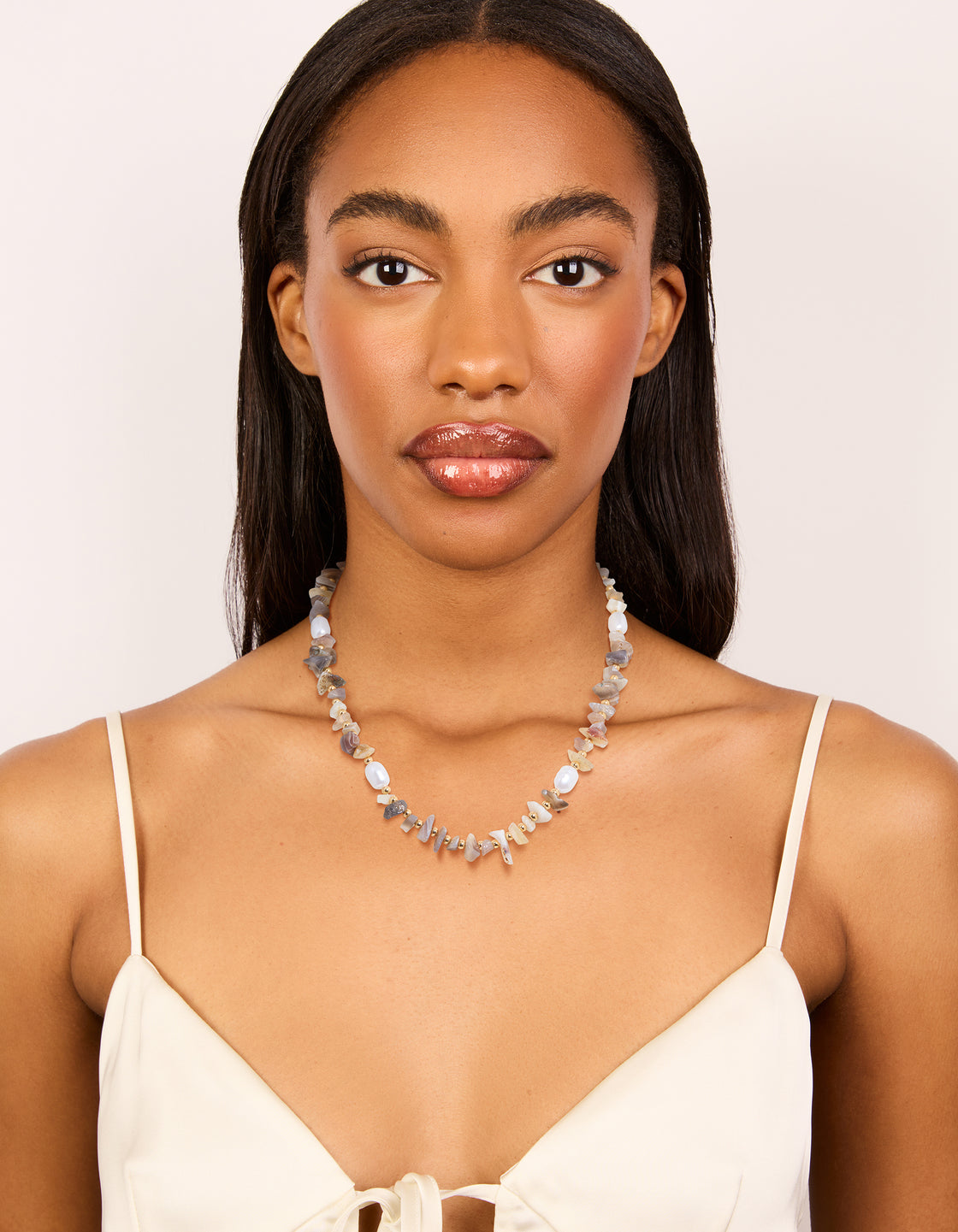 Gold Plated Mixed Semi Precious Stone Pearl Chip Necklace