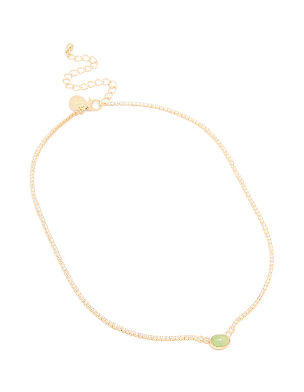 Gold Plated Cubic Zirconia Oval Green Semi Precious Stone Cup Chain Necklace