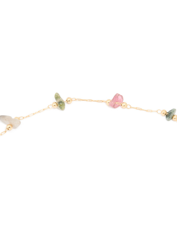 Gold Plated Multicoloured Semi Precious Stone Freshwater Pearl Cross Charm Necklace