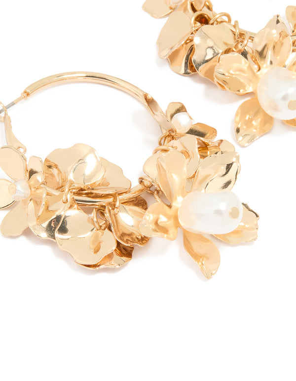 Gold Pearl Flower Cluster Hoop Earrings