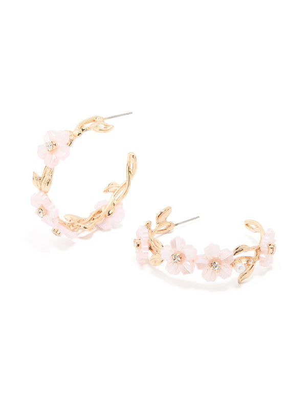 Gold Pink Acrylic Mini Flower Hoop Earrings