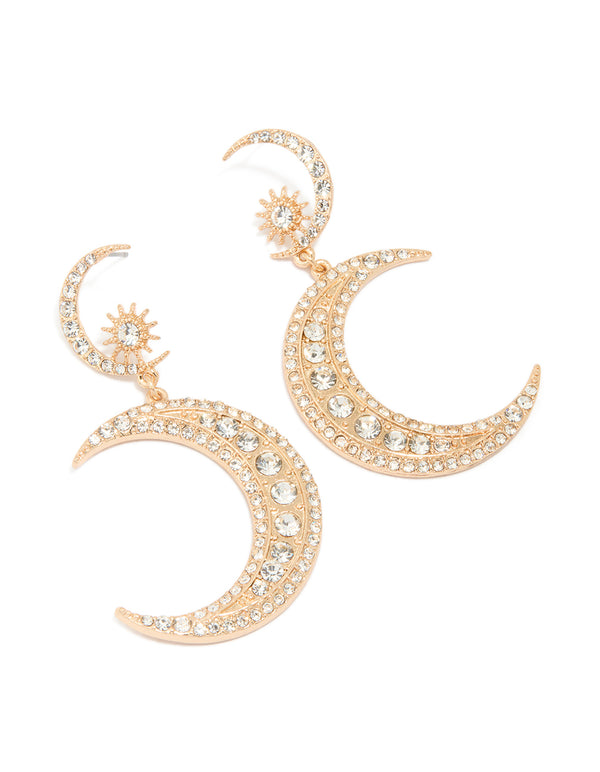 Gold Diamante Double Moon Earrings