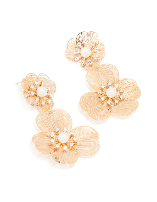 Gold Pearl Flower Drop Earrings