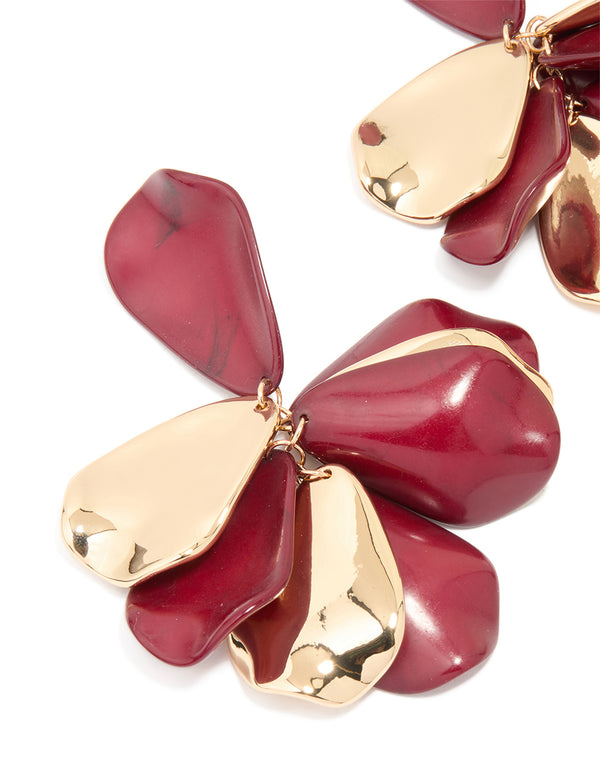 Gold & Dark Red Petal Drop Earrings