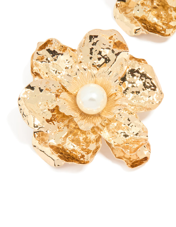 Gold Pearl Center Organic Flower Earrings