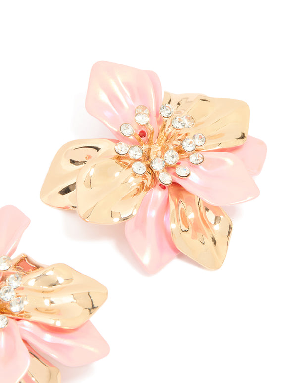 Gold Pink Coated Metal Diamante Flower Earrings