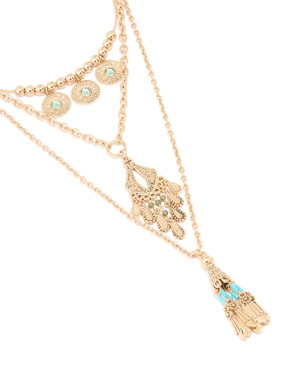 Antique Gold Charm Tassel Layered Necklace