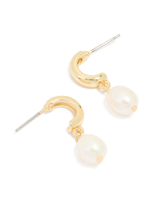 Gold Plated Freshwater Pearl Drop Huggie Earrings