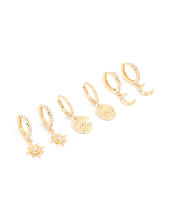 Gold Plated Diamante Celestial Huggie Earrings 3-Pack