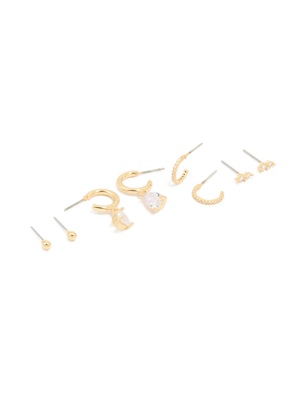 Gold Plated Cubic Zirconia Dainty Stud & Huggie Earrings 4-Pack