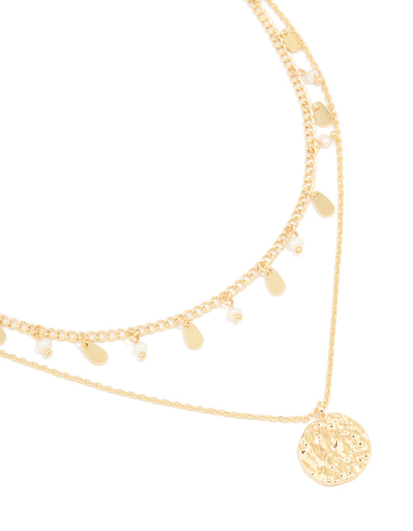 Gold Plated Pearl Charm & Molten Layered Necklace