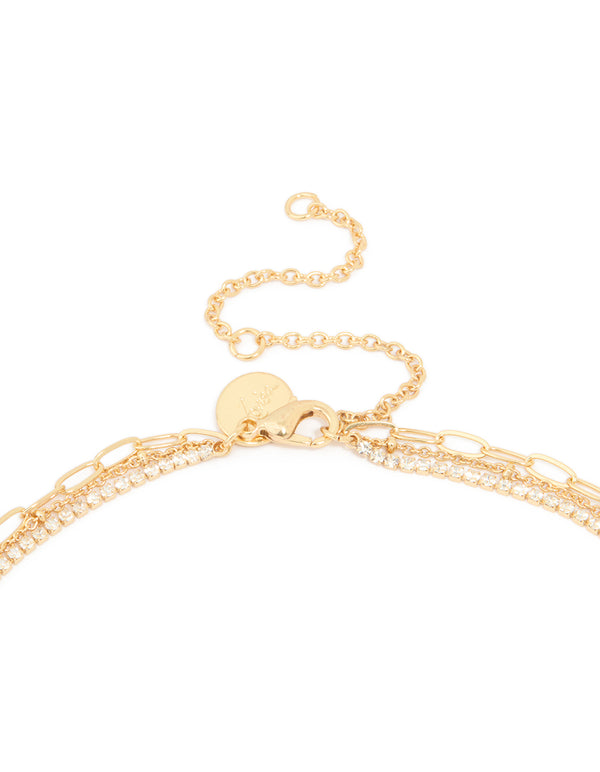 Gold Plated Diamante Cup Chain & Mixed Chain Layered Necklace