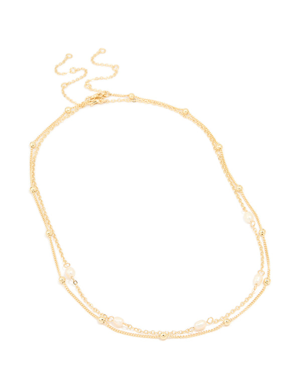 Gold Plated Freshwater Pearl & Ball Layered Necklace