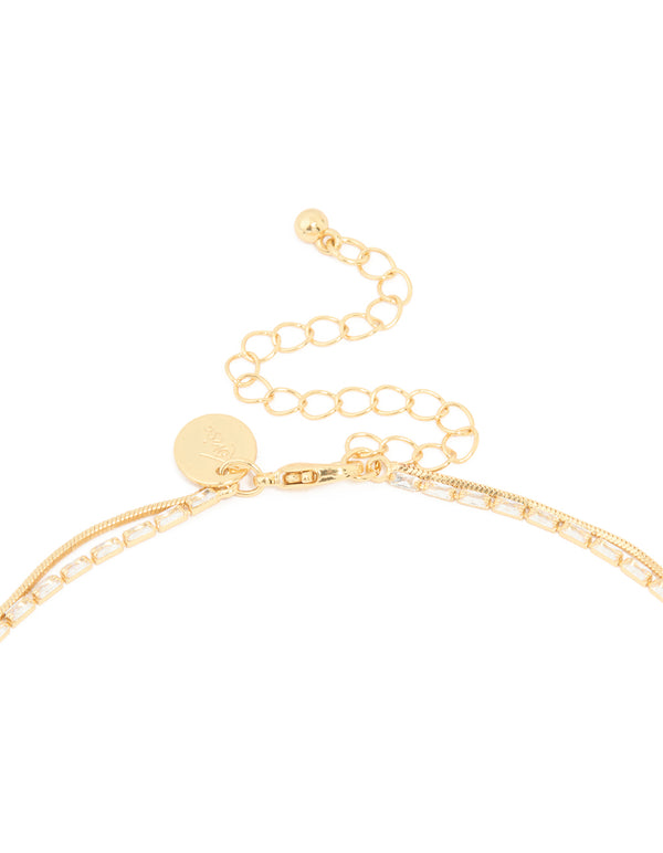 Gold Plated Cubic Zirconia Dainty Baguette Layered Necklace