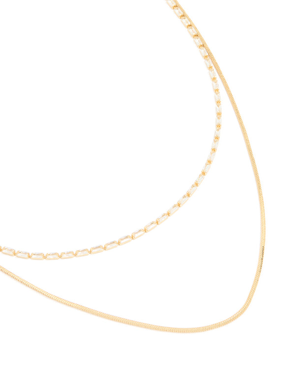Gold Plated Cubic Zirconia Dainty Baguette Layered Necklace