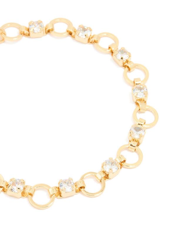 Gold Plated Cubic Zirconia Alternating Round Link Bracelet