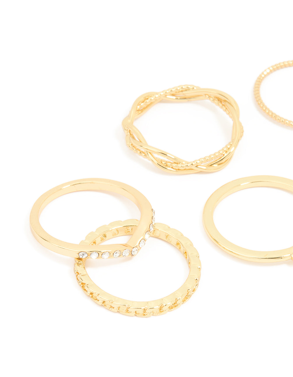 Gold Plated Diamante Twisted V Rings 6-Pack