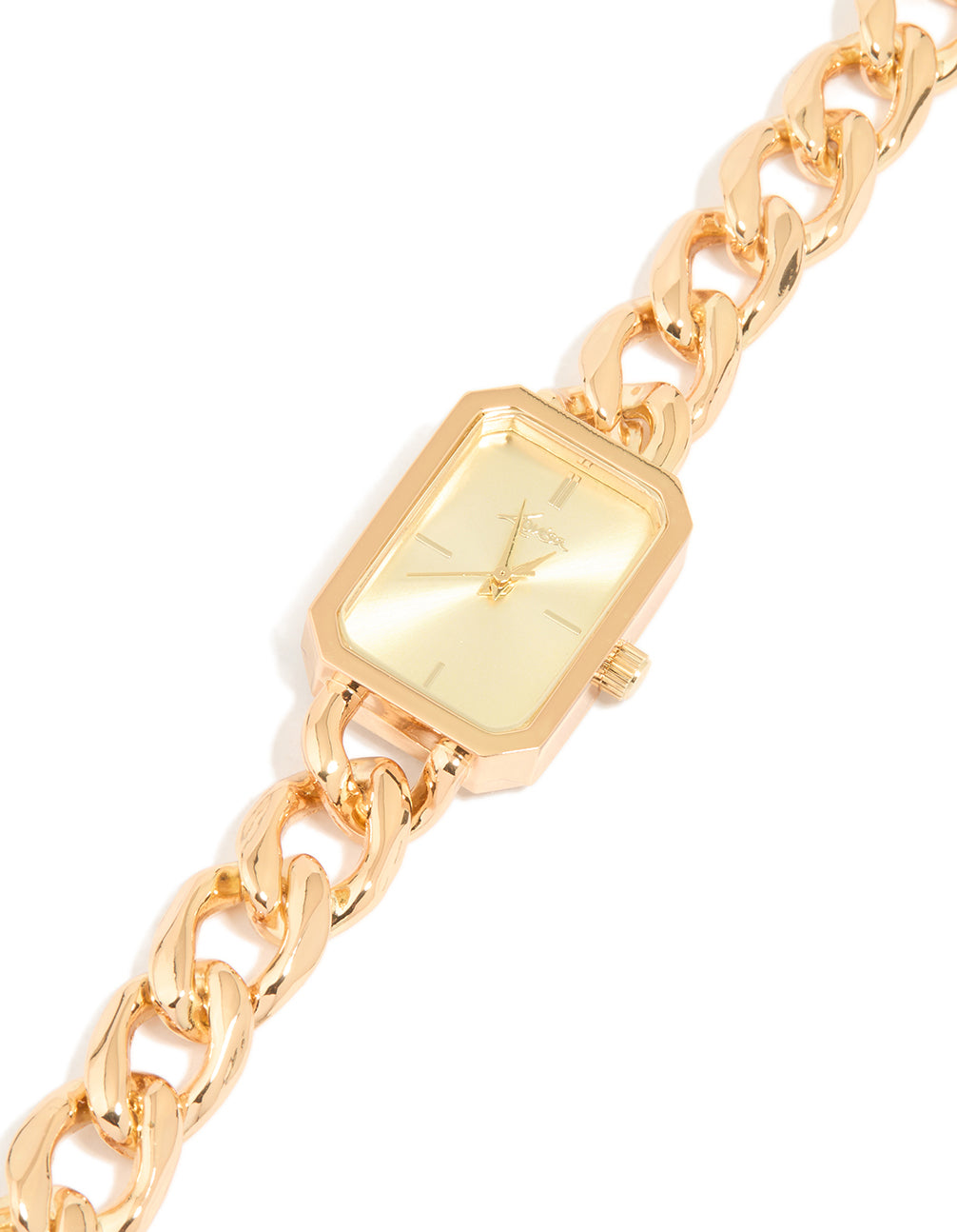 Showcasing a gold dial rectangle shaped women's casual link band analog watch in gold watch face detail view